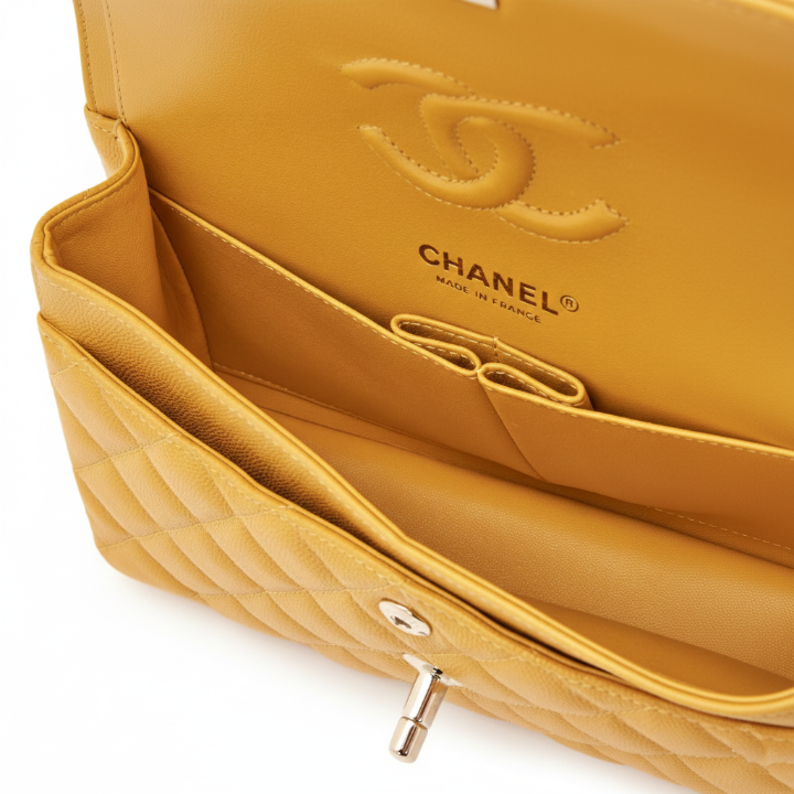 CHANEL Caviar Quilted Medium Double Flap Bag "Yellow"