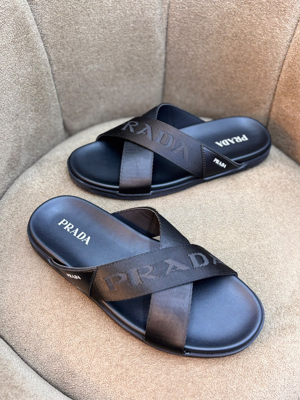 Prada Nylon Tape Crisscross Slides Leather "Black"