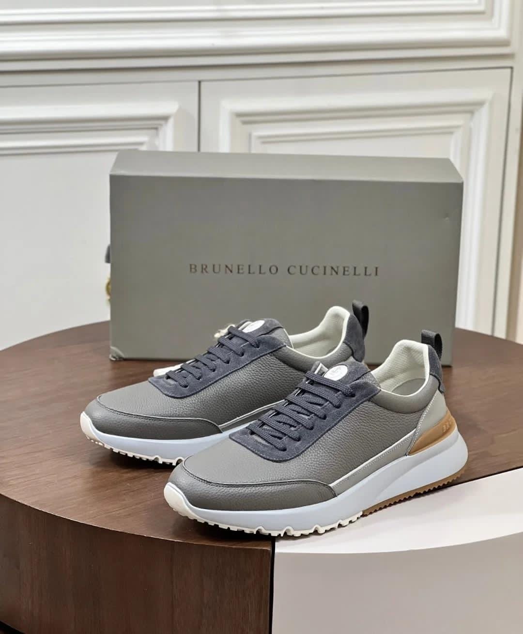 Brunello Cucinelli Men’s Pebbled Leather/Suede Low-Top Sneakers – Grey