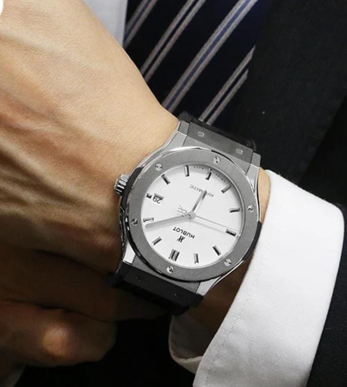"Hublot Classic Fusion — White Dial (steel, black leather strap)"