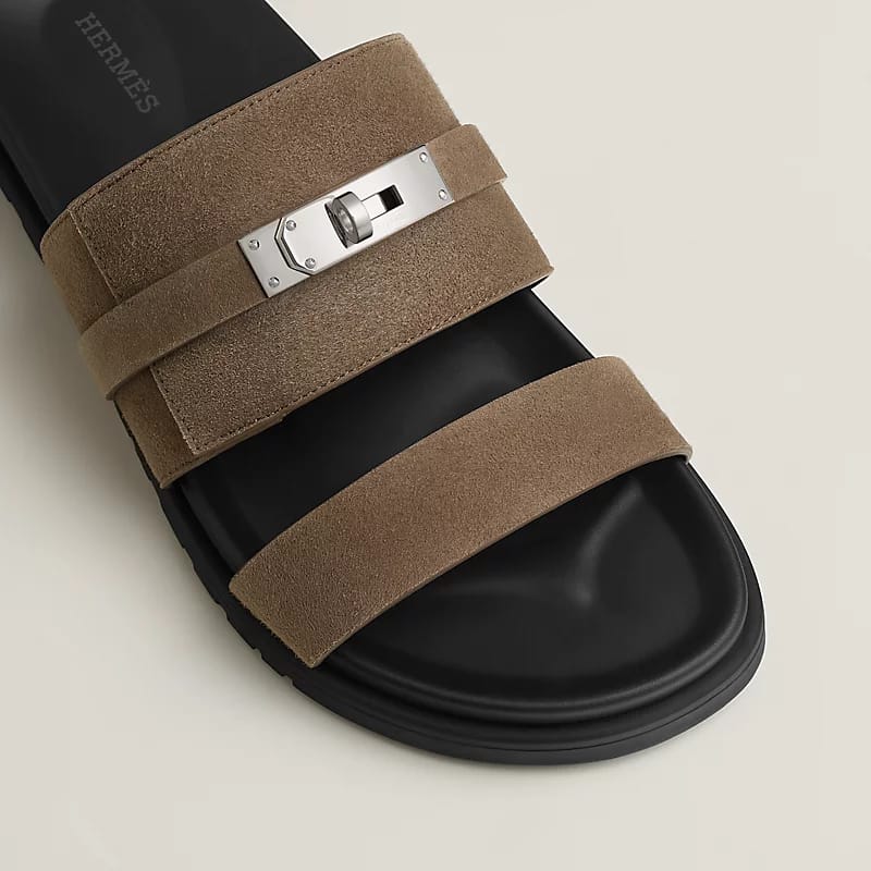 Hermès "Jackson" Sandal — Brown Suede/Black