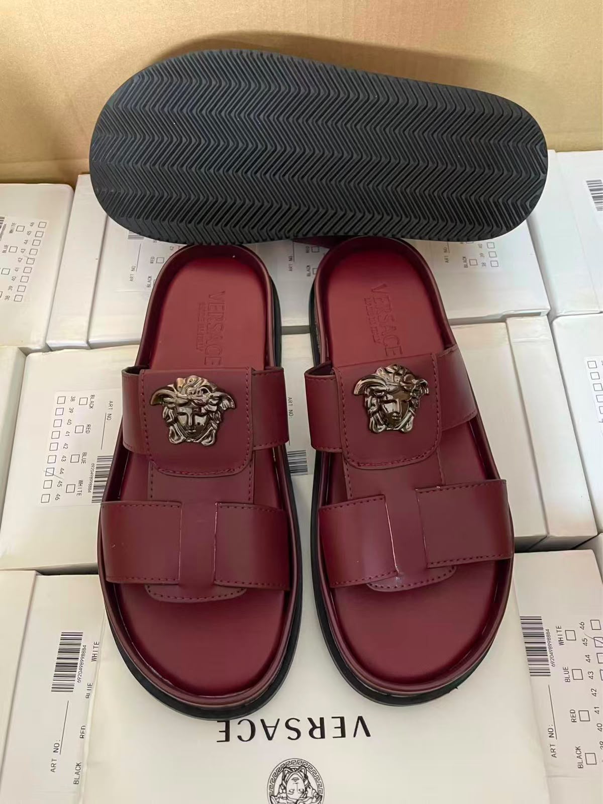 Versace La Medusa Two-Strap Slide Sandals – Burgundy