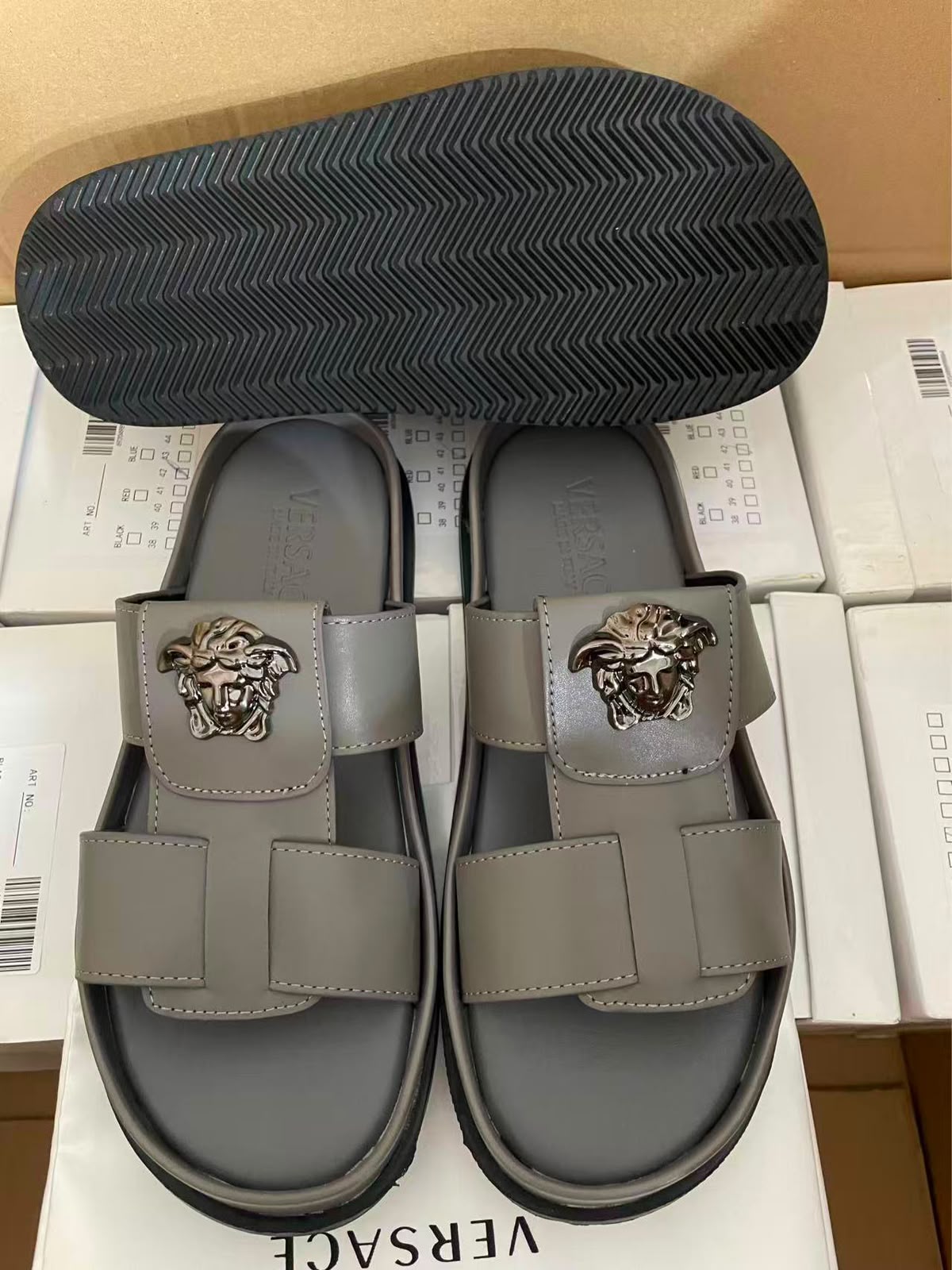 Versace La Medusa Two-Strap Slide Sandals – Grey