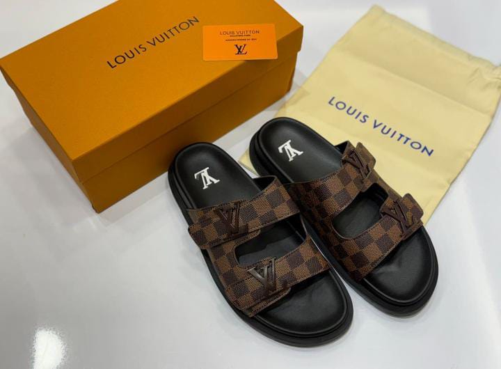 Louis Vuitton Damier Ebène Double-Strap Slides — Brown/Black