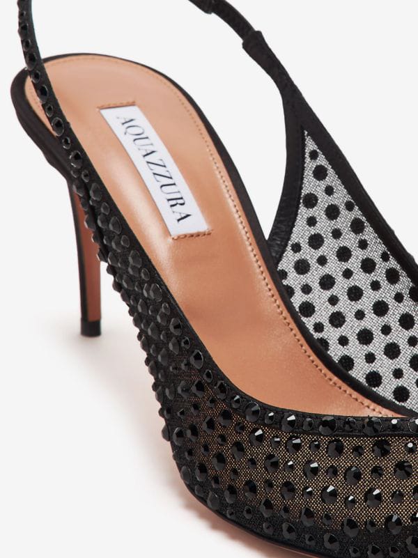 Aquazzura "Black" Crystal-Embellished Mesh Slingback