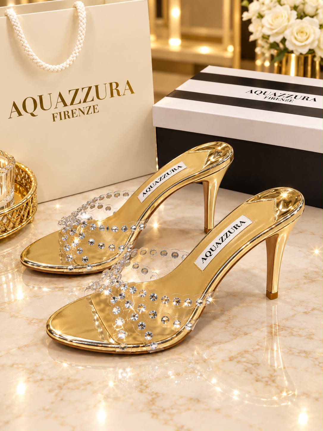 AQUAZZURA Gold Crystal-Embellished Stiletto Mules