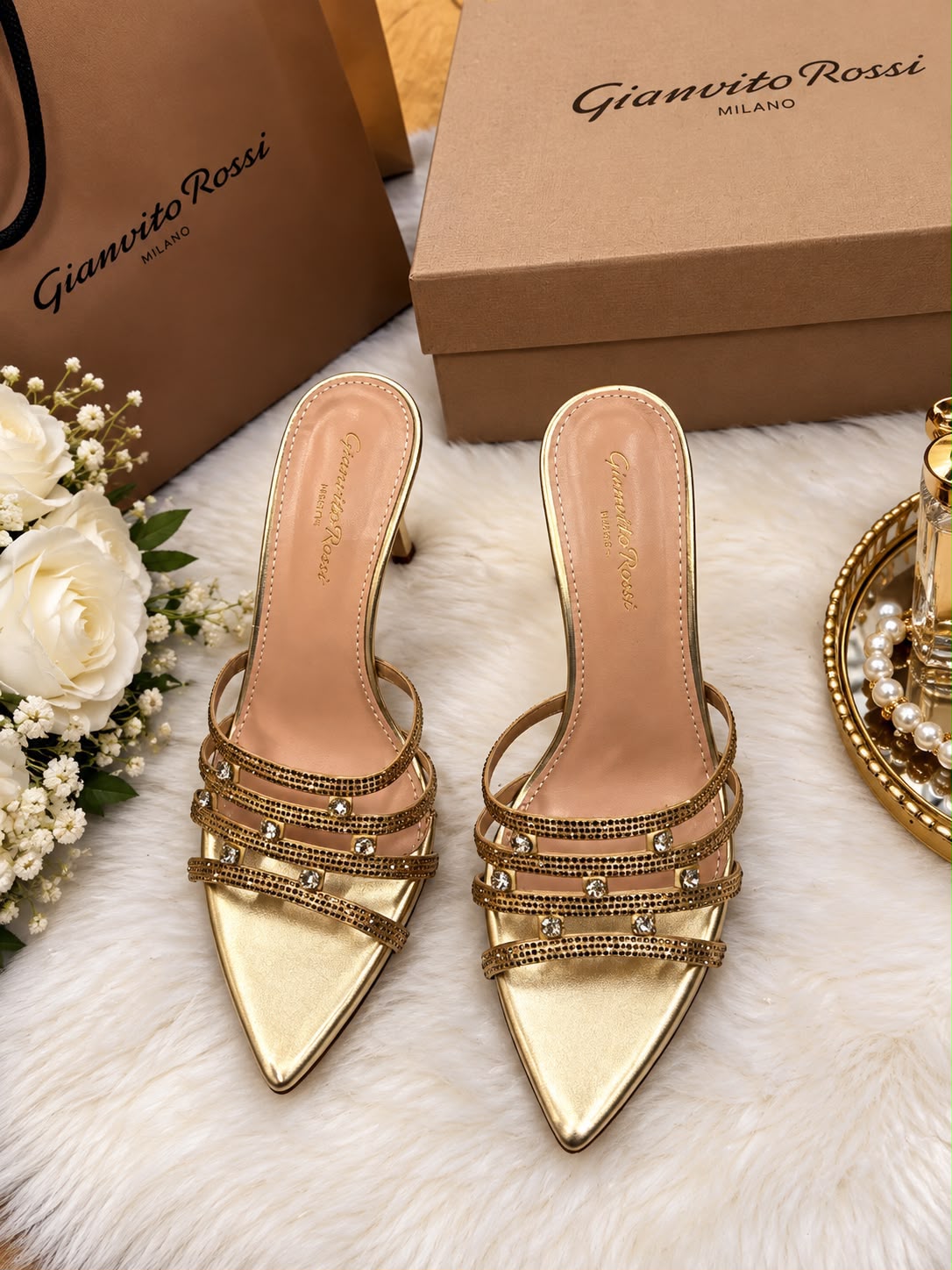 Gianvito Rossi Crystal-Embellished Strappy Mule Sandals "Gold"