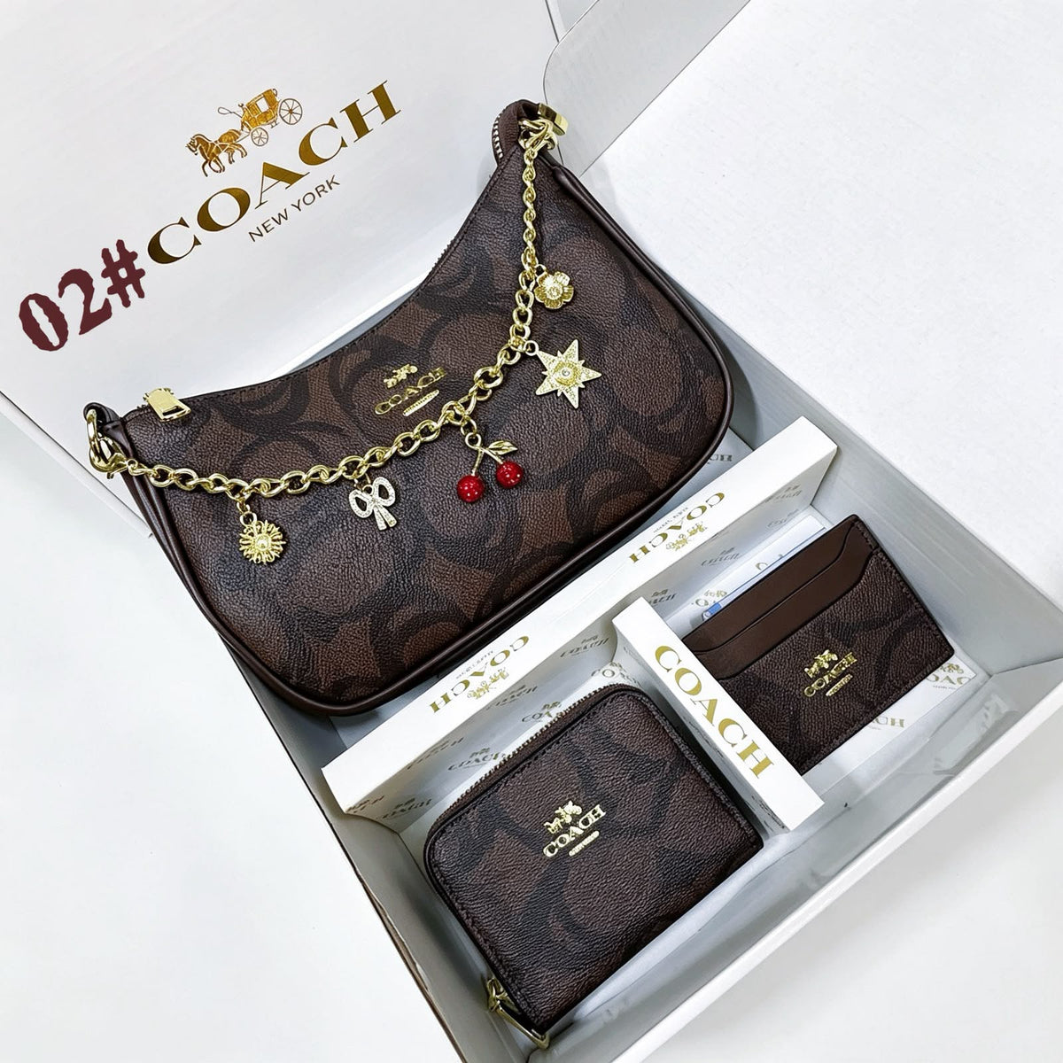 Coach Signature Charm Shoulder Bag Gift Set "Brown"