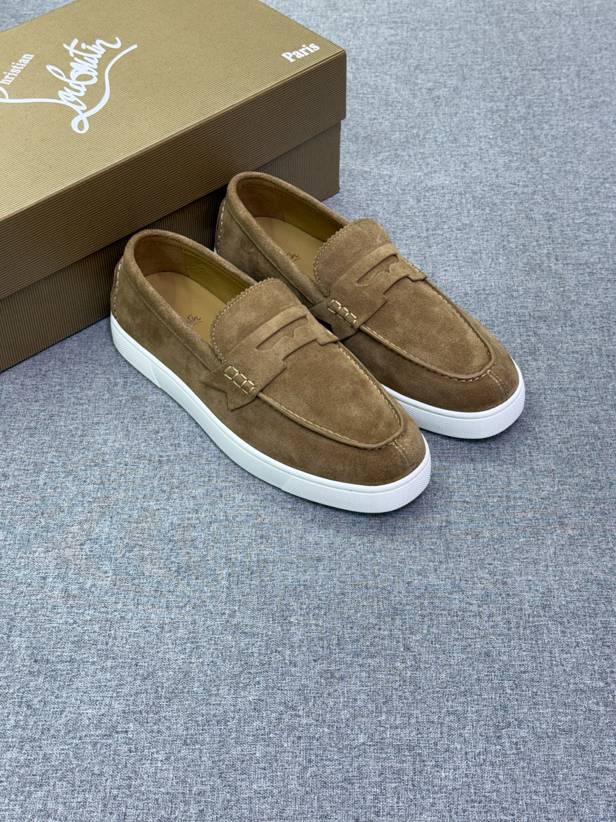 Christian Louboutin Slip-On Suede Penny Loafers – Tan Brown with White Sole