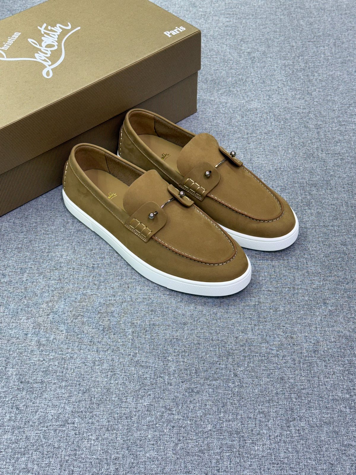 Christian Louboutin Slip-On Suede Loafers – Tan Brown with White Sole, Men's