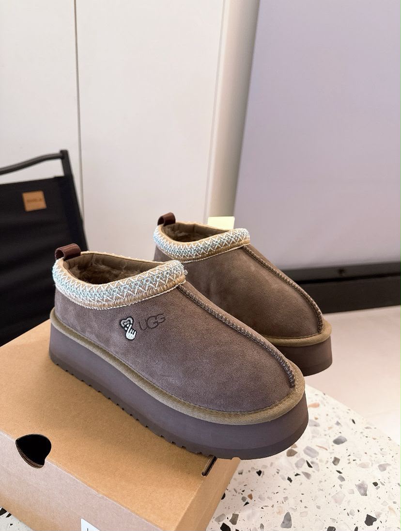 UGG Tazz Platform Slippers "Taupe Brown Suede/ Light Blue Braided Trim"