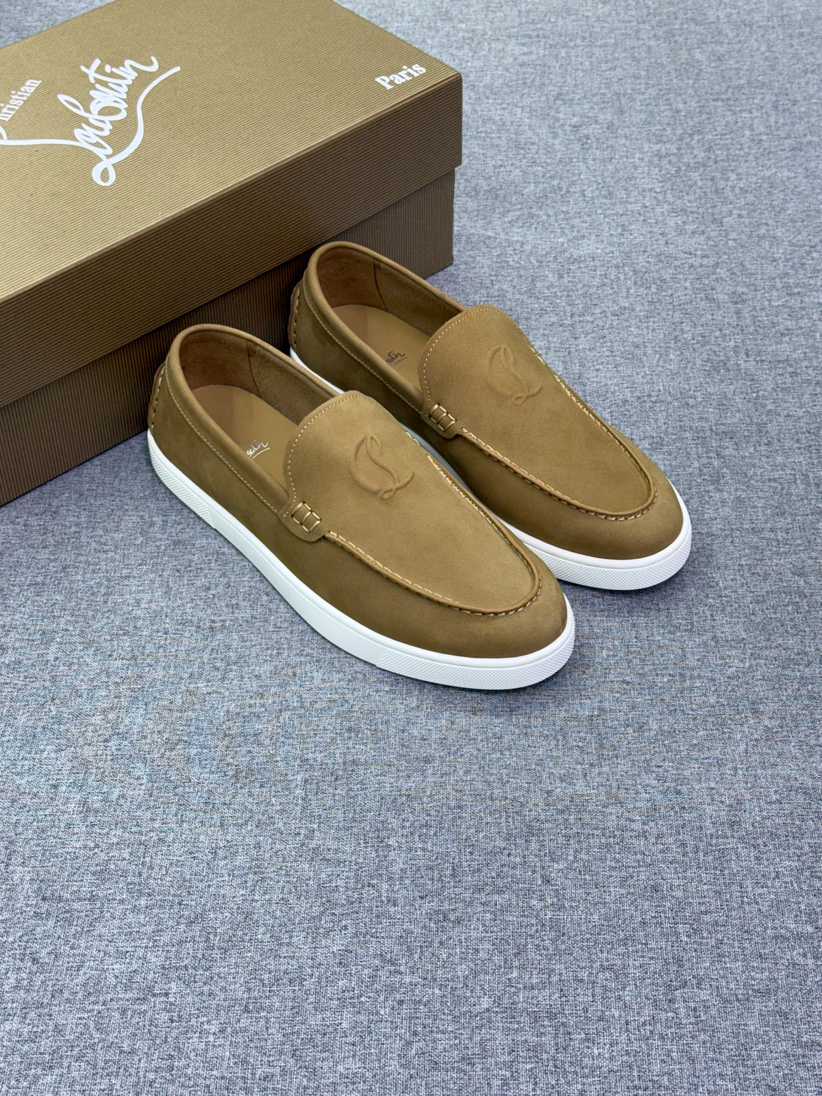 Christian Louboutin Paris Tan Suede Loafers with Embossed Logo, White Sole