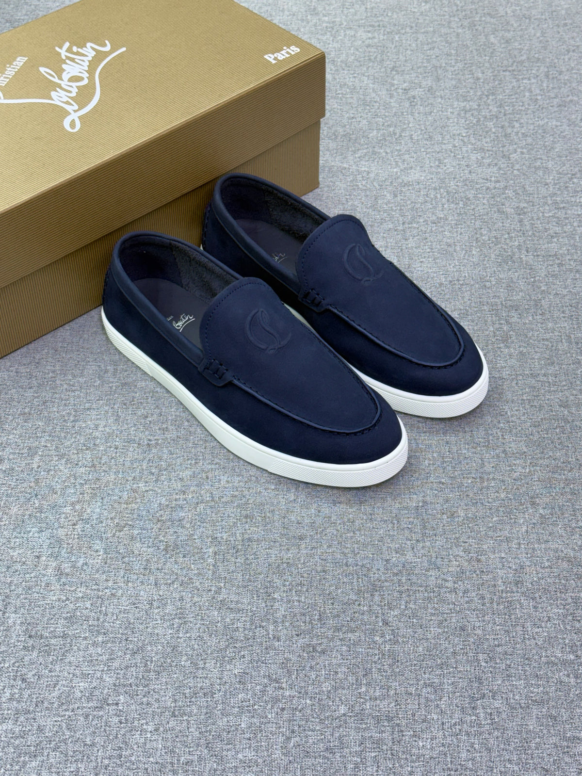 Christian Louboutin "Navy Blue Suede Slip-On Loafers/White Sole"