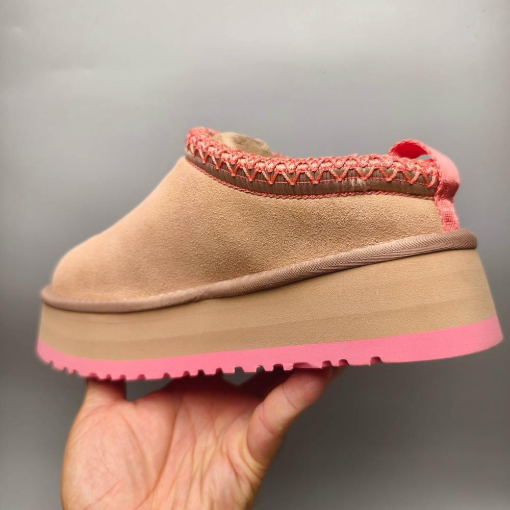 UGG Tazz Platform Slippers 'Sand Beige Suede/ Pink Braided Trim"