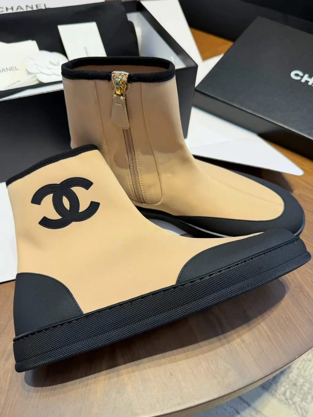 Chanel CC Logo Ankle Boots "Beige & Black"