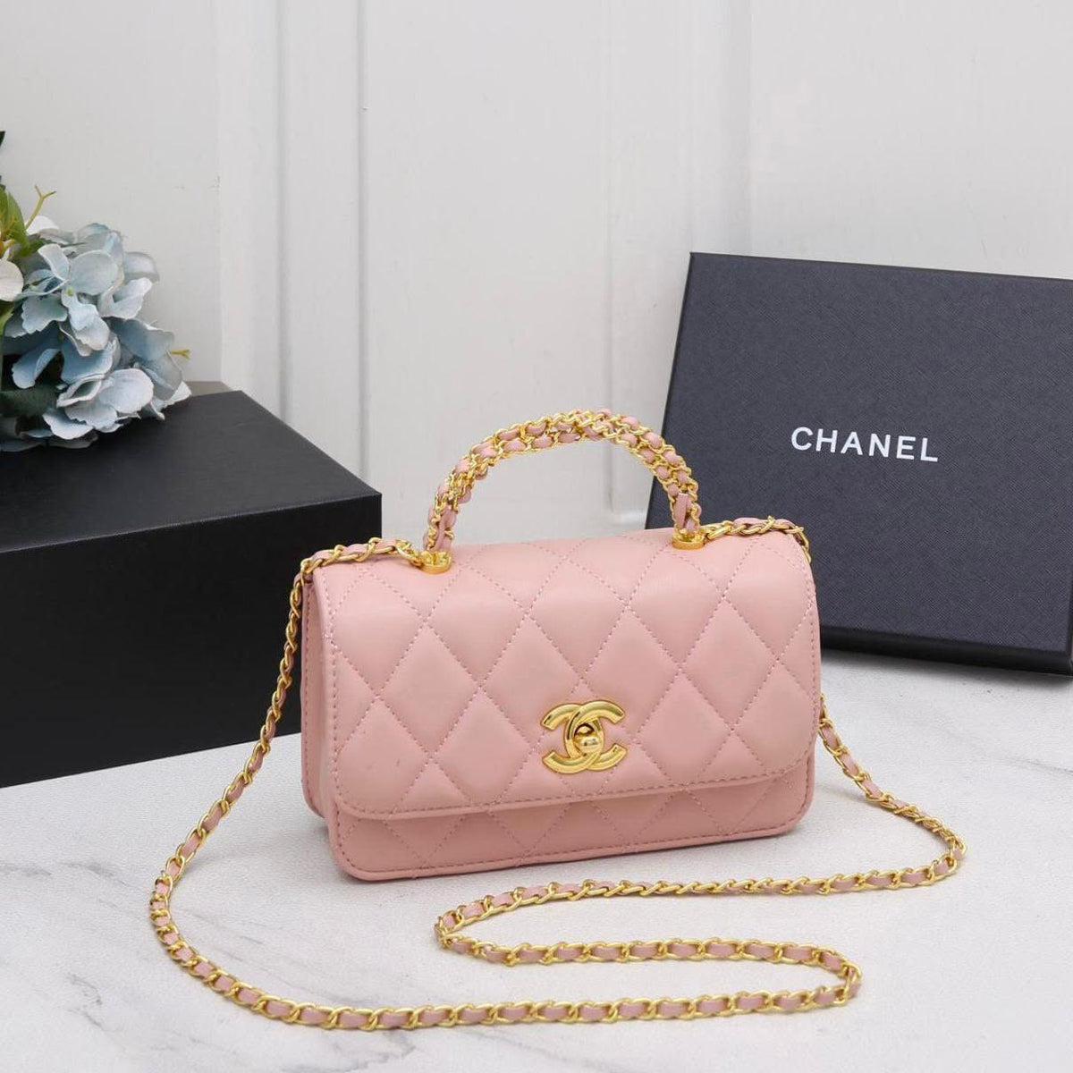 Chanel Quilted Mini Flap Bag with Top Chain Handle and Gold CC Turn-Lock – "Pink"