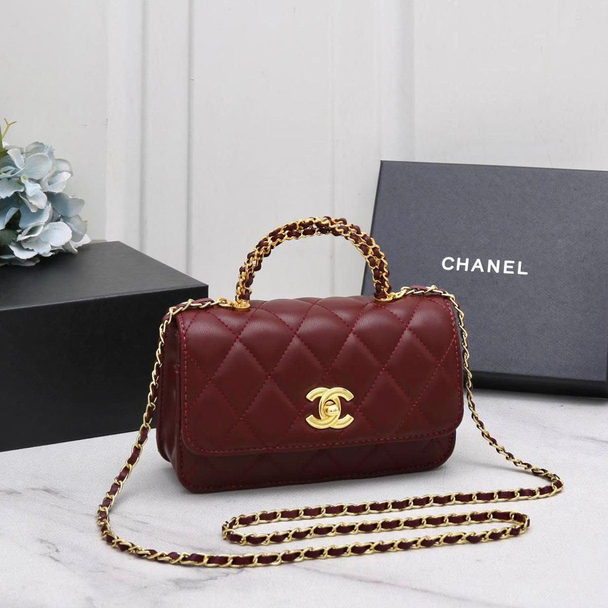 Chanel Quilted Mini Flap Bag with Top Chain Handle and Gold CC Turn-Lock – "Burgundy"