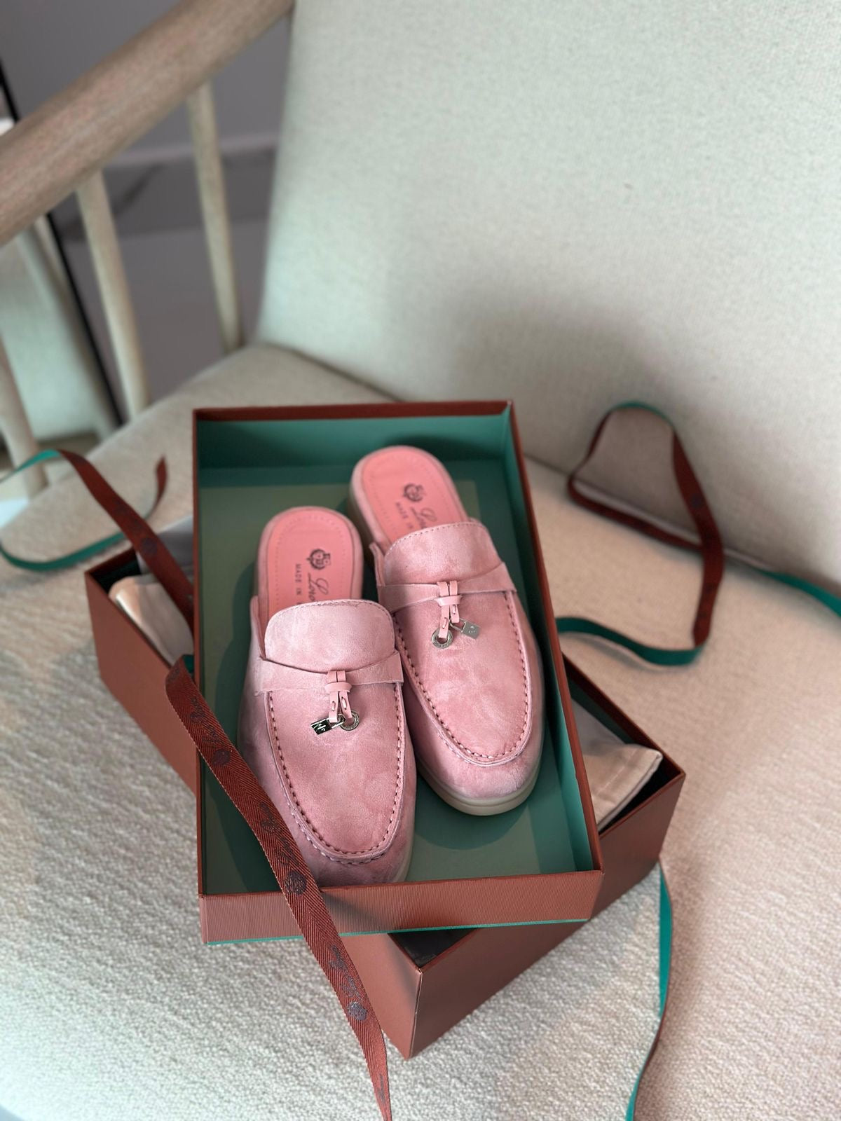 Loro Piana Women's Pink Suede Mule Loafers – Backless Slip-On Flats