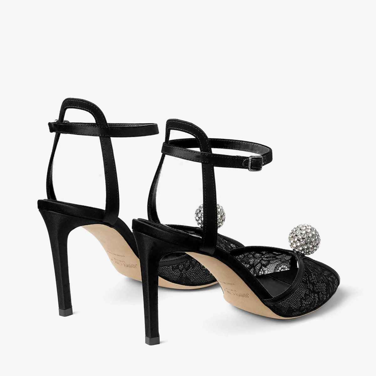 Jimmy Choo Black Lace Crystal-Heeled Sandals