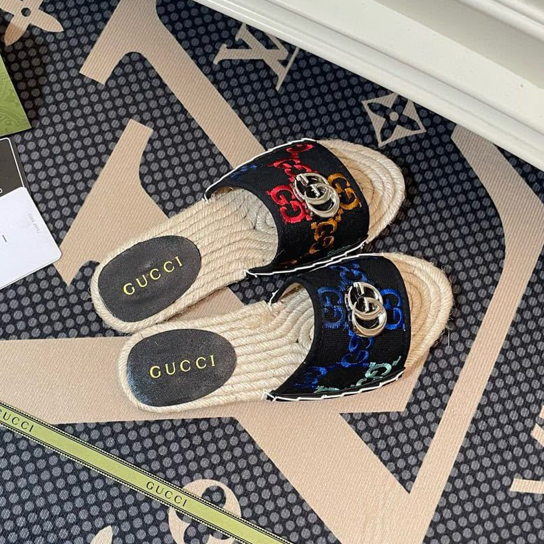 Gucci GG Multicolor Embroidered Black Canvas Espadrille Slide Sandals