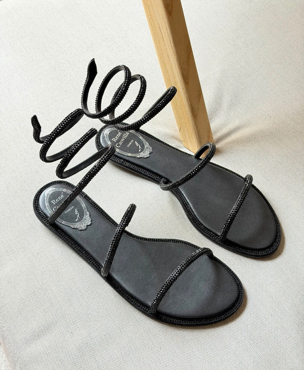 Rene caovlla Crystal Spiral Wrap Flat Sandal Black