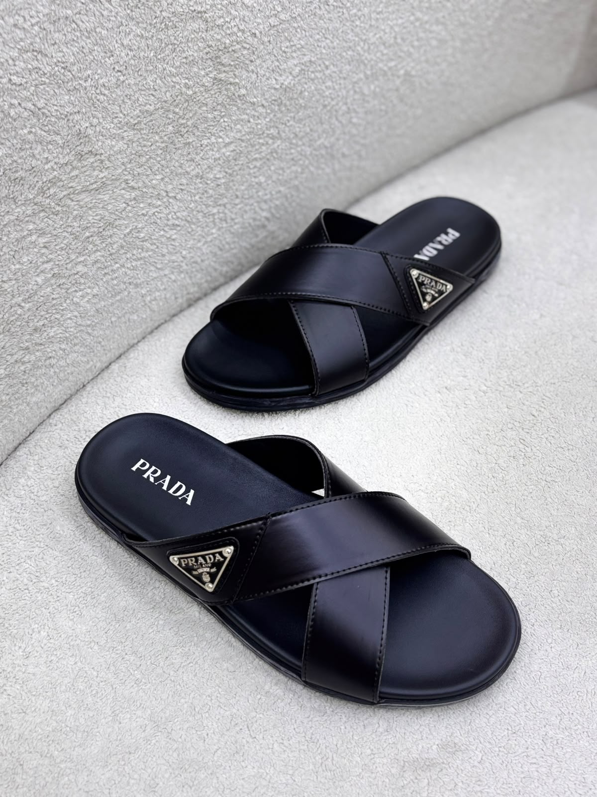 Prada Leather Crisscross Slides "Black"