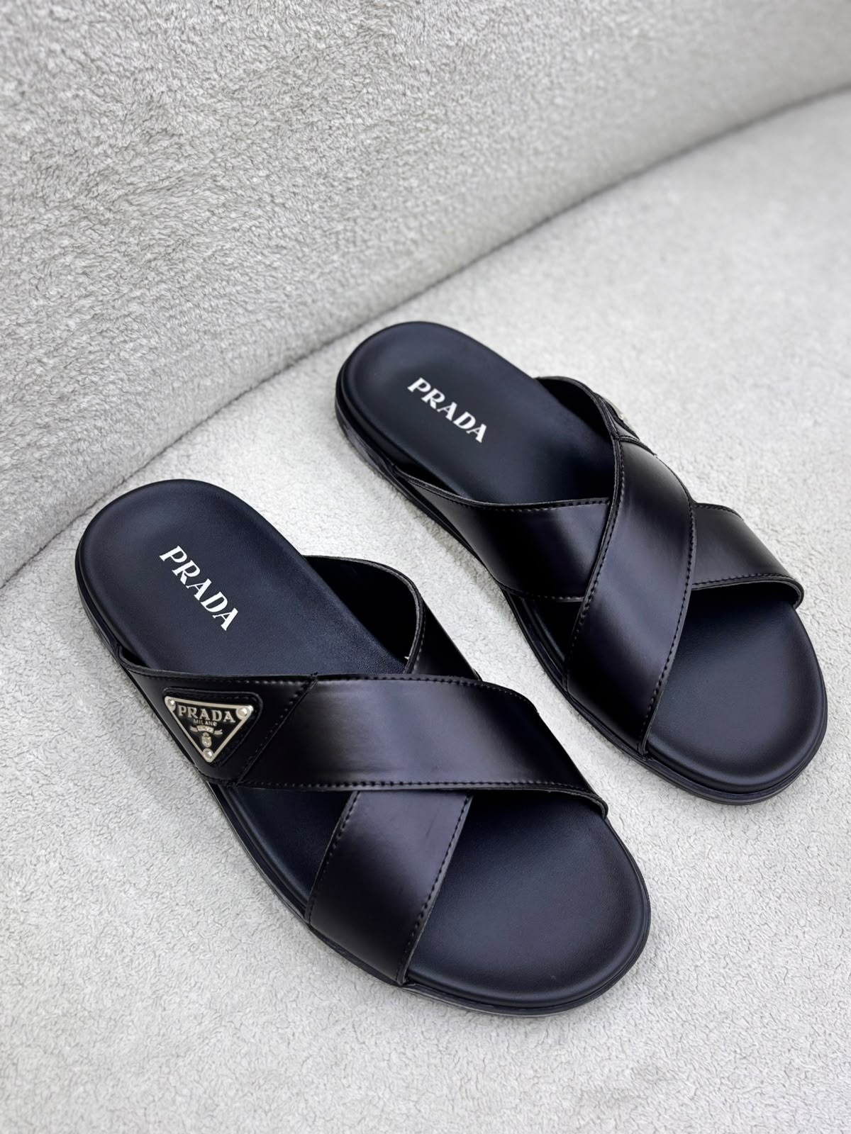 Prada Leather Crisscross Slides "Black"