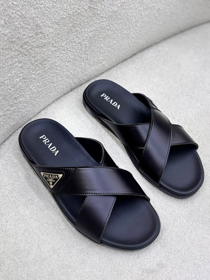 Prada Leather Crisscross Slides "Black"