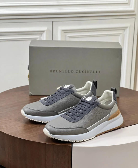 Brunello Cucinelli Men’s Pebbled Leather/Suede Low-Top Sneakers – Grey