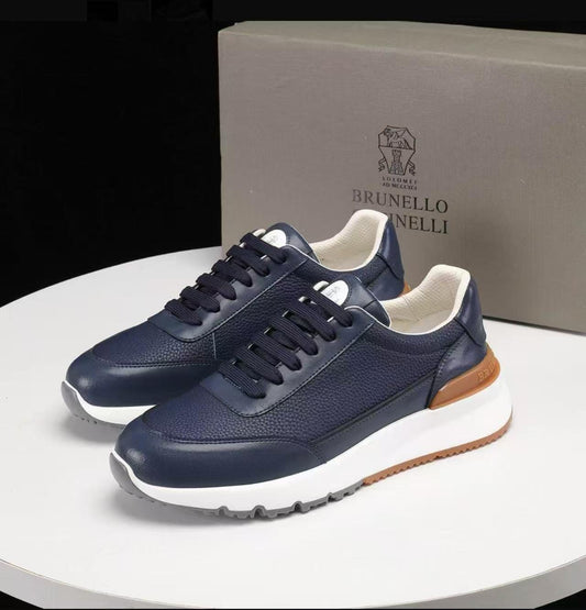 Brunello Cucinelli Men’s Pebbled Leather Low-Top Sneakers – "Navy blue"