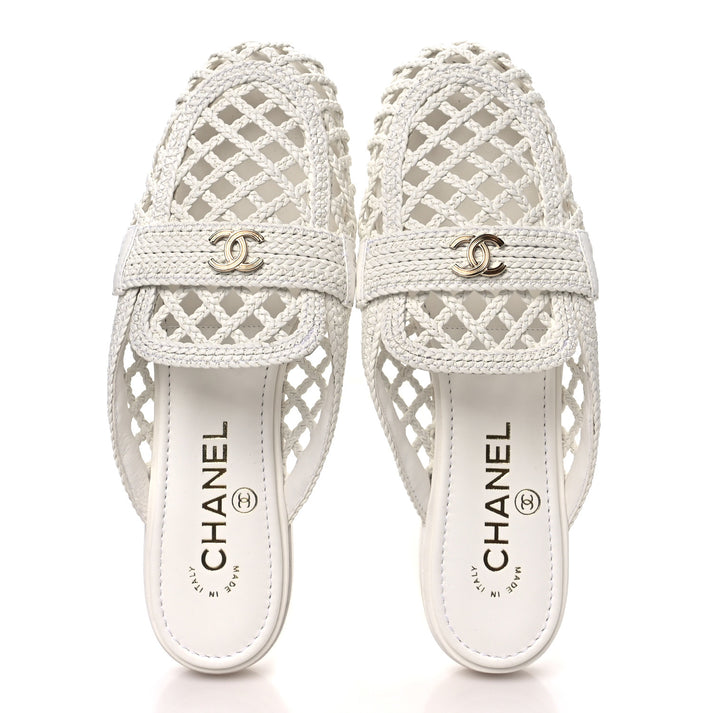 Chanel Braided Lambskin Mule Sandals "White"