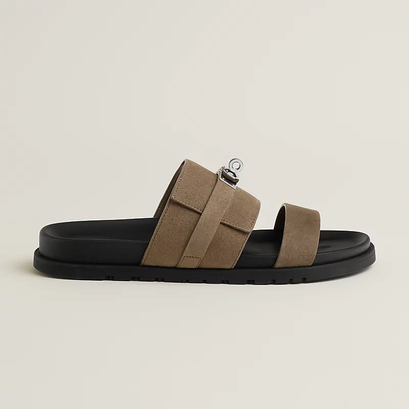 Hermès "Jackson" Sandal — Brown Suede/Black