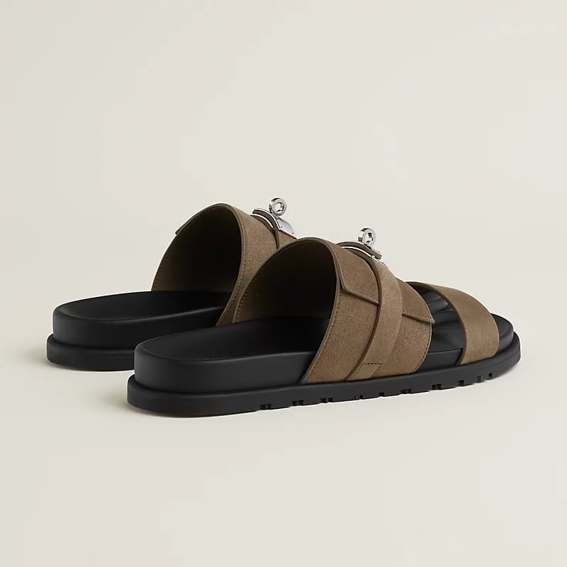 Hermès "Jackson" Sandal — Brown Suede/Black