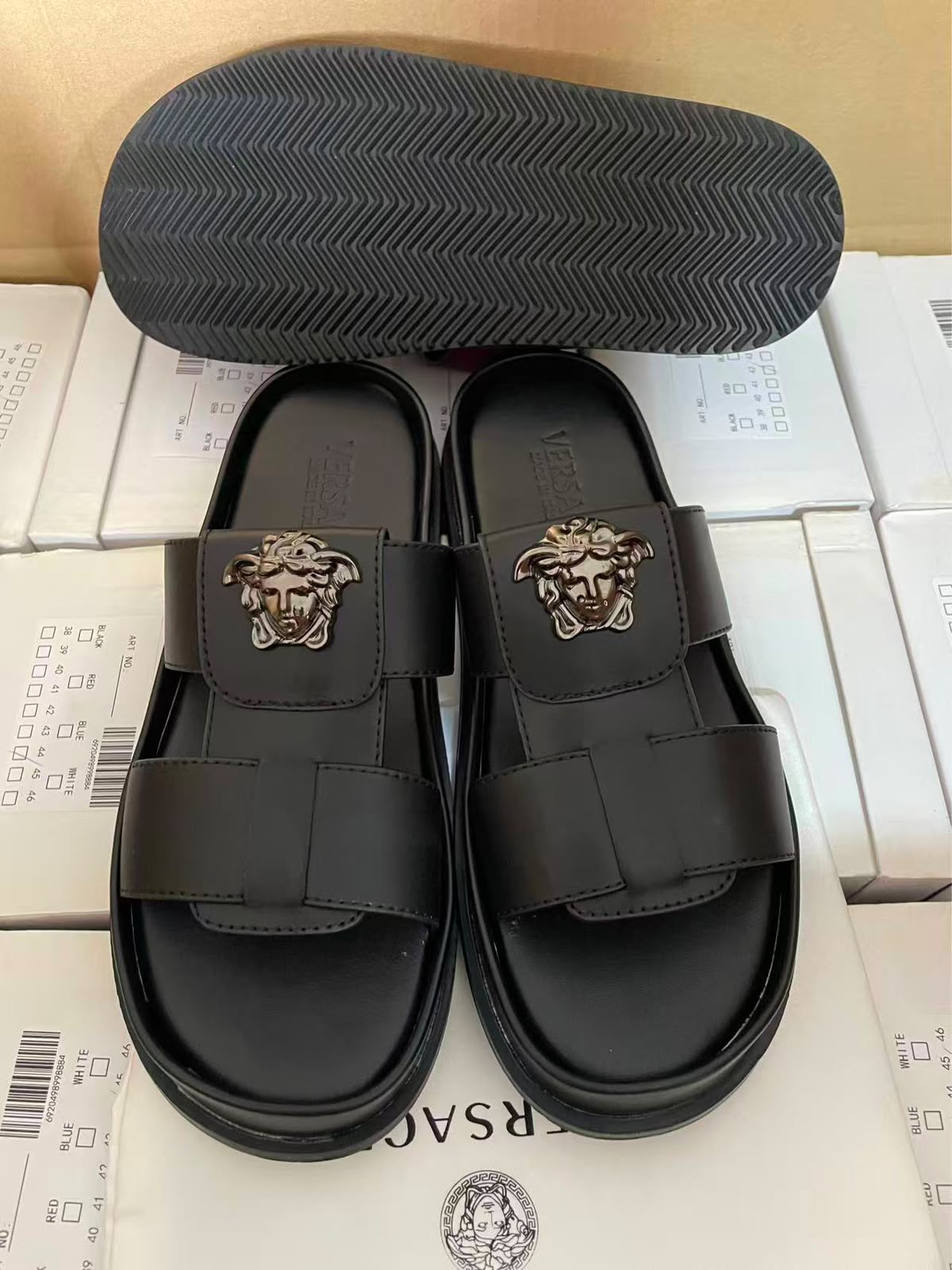 Versace La Medusa Two-Strap Slide Sandals – Black