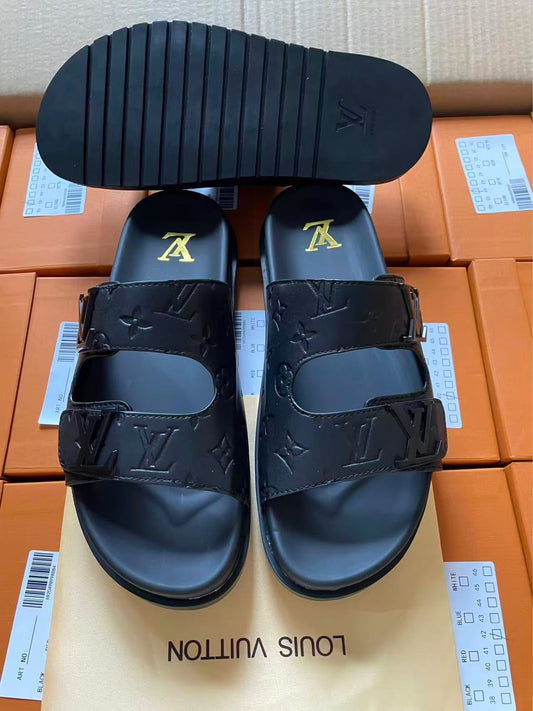 Louis Vuitton Monogram Empreinte Double-Strap Slides — All Black