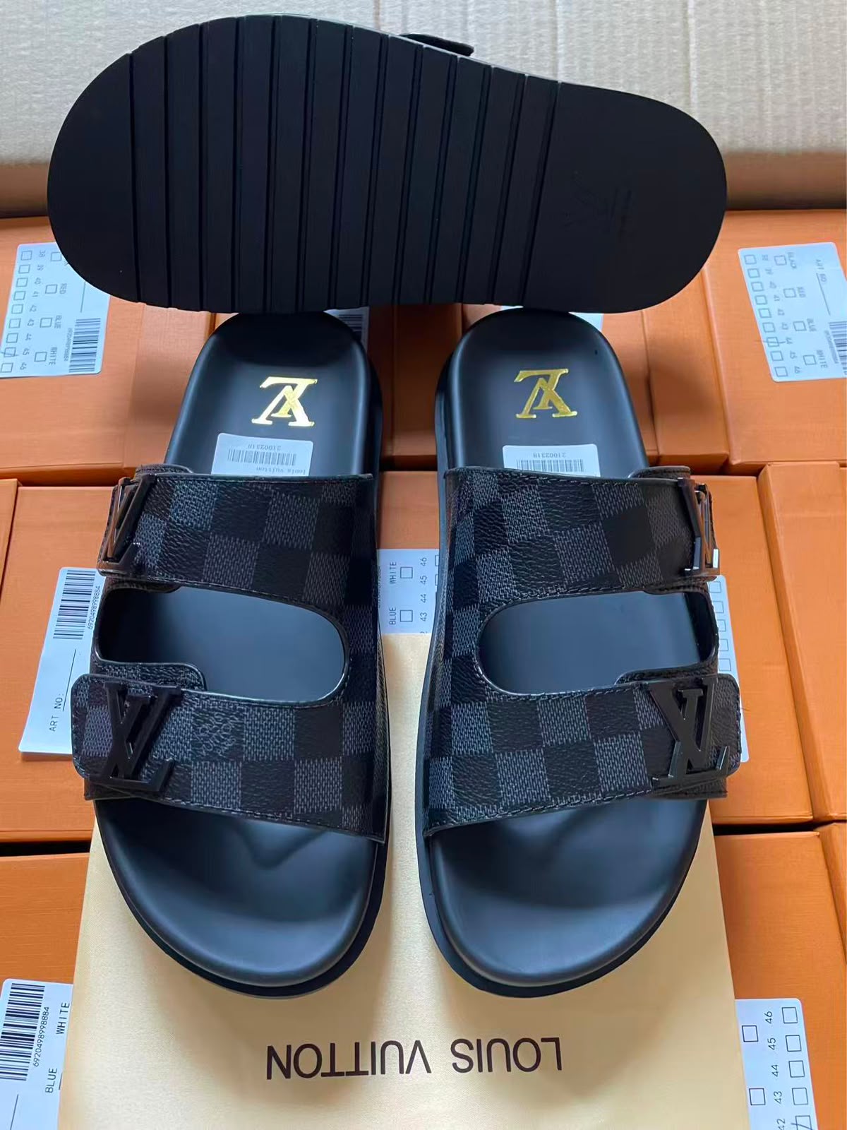 Louis Vuitton Damier Graphite Double-Strap Slides — Black/Grey