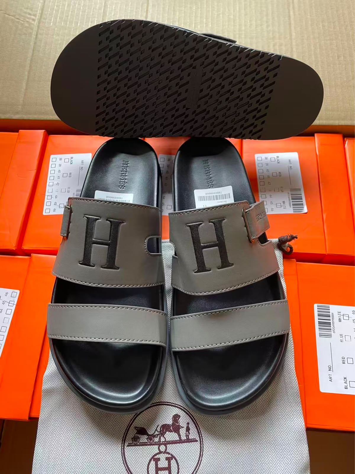 Hermès Chypre Double-Strap Slides — Black/Grey
