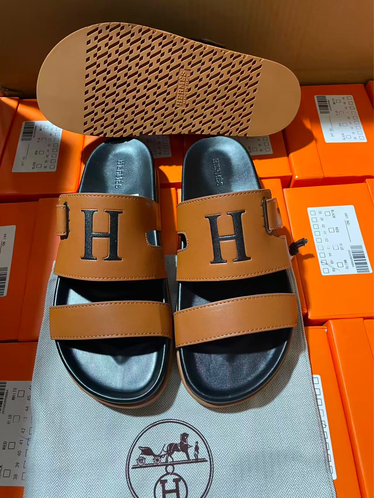 Hermès Chypre Double-Strap Slides — Brown/Black