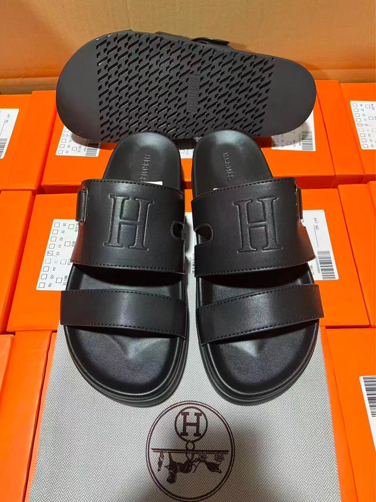 Hermès Chypre Double-Strap Slides — Black