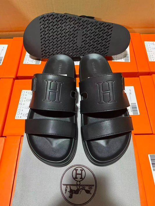 Hermès Chypre Double-Strap Slides — Black