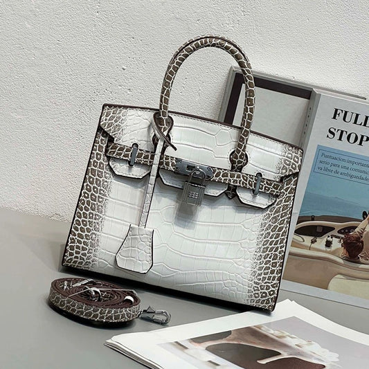 "Hermes Frosted Himalaya Croc-Embossed Tote Bag — White & Grey"