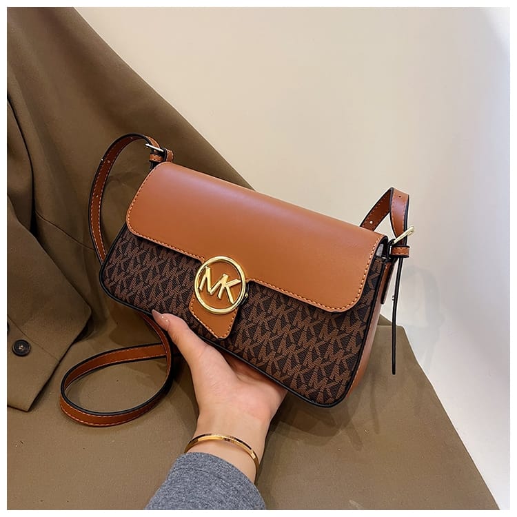 Michael Kors Signature Crossbody Bag – Cognac Brown / Dark Brown MK Logo Print