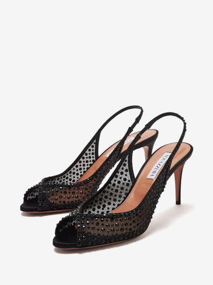 Aquazzura "Black" Crystal-Embellished Mesh Slingback