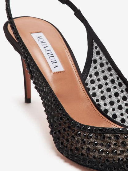 Aquazzura "Black" Crystal-Embellished Mesh Slingback
