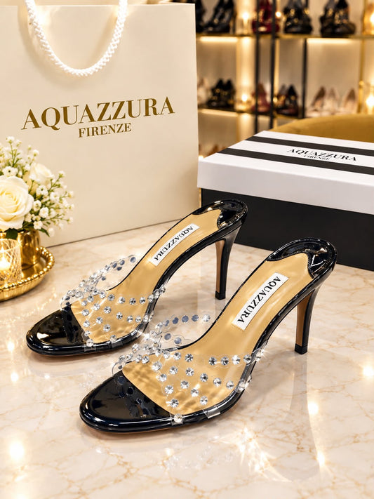 AQUAZZURA Crystal-Embellished Stiletto Mules "Black"