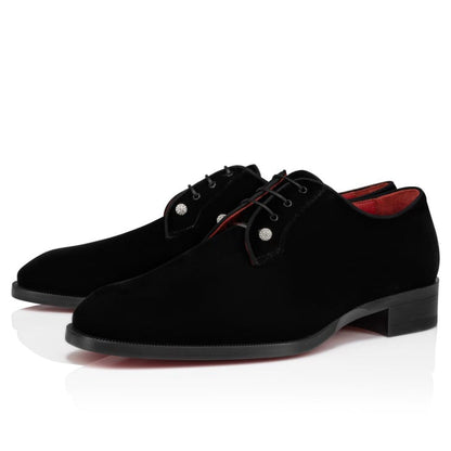 Christian Louboutin Velvet Lace-Up Derby Shoes with Crystal Studs "Black"