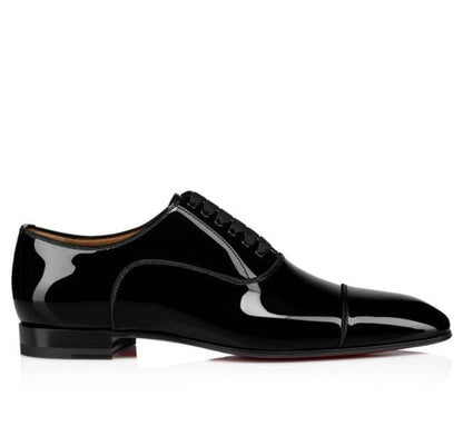 Christian Louboutin Glossy "Black" Patent Cap-Toe Tuxedo Shoes with Satin Laces