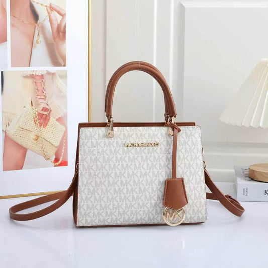 Michael Kors "White and Brown" Signature MK Logo Satchel Handbag