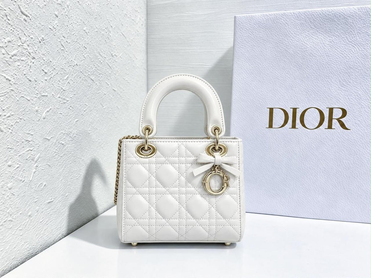 Dior Lady-Style Mini Handbag, White, Gold-Tone Charms