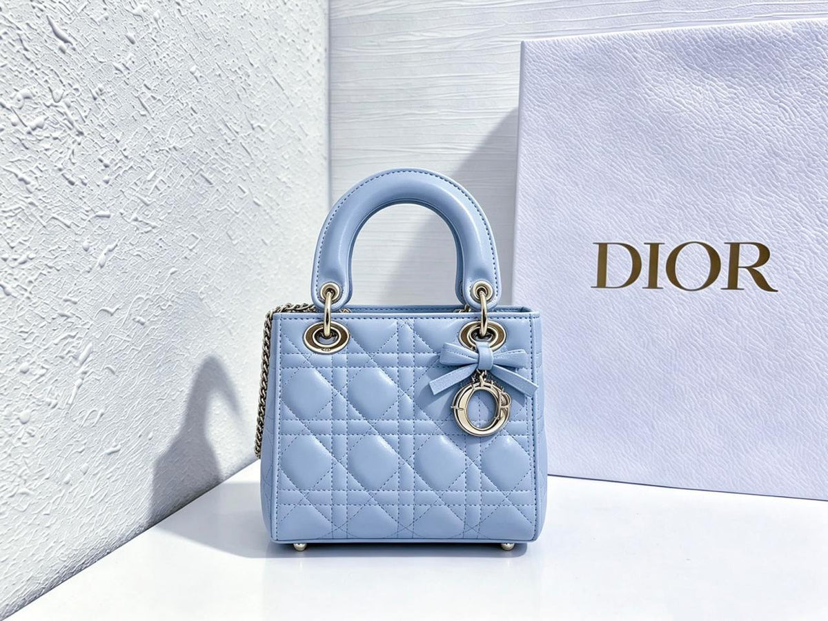 Dior Lady-Style Mini Handbag "Light Blue, Gold-Tone Charms"